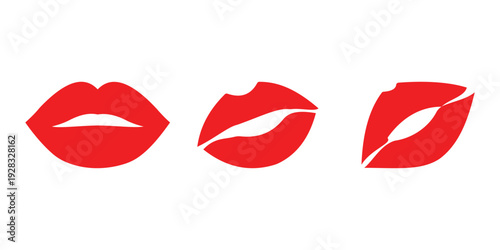 Lips and Kiss Icon Set – Red Lips, Romantic and Valentine Silhouette Vector Symbols for Love and Woman Concepts