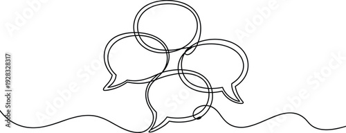 Minimalist line art of overlapping speech bubbles, abstract communication concept, dialogue exchange, brainstorming, teamwork, collaboration illustration