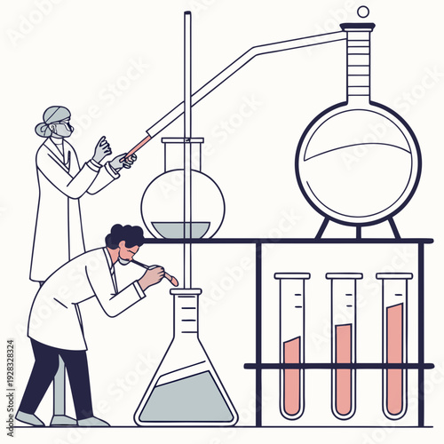 Scientists working in laboratory with test tubes and distillation equipment