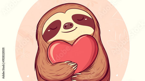 Sloth holds heart in simple cartoon setting with soft color background for warm and friendly message