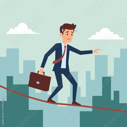 Businessman Balancing on Tightrope Over City.