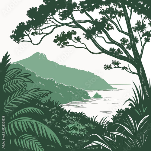 Dense island vegetation with tree and mountain landscape