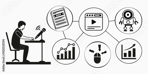 Person working on a laptop with various icons representing different tasks and goals Vector