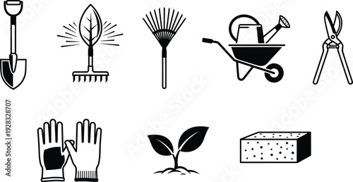 Collection of gardening tool icons including shovel and wheelbarrow, garden equipment symbols set, cad drawing flat vector illustration, isolated on white background, black