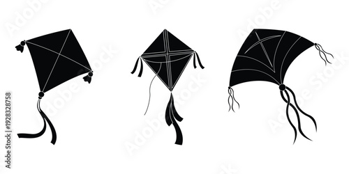 Kite Icon Set – Flying Diamond Kite with Decorative Tail Vector Illustration for Apps, Web and Toys