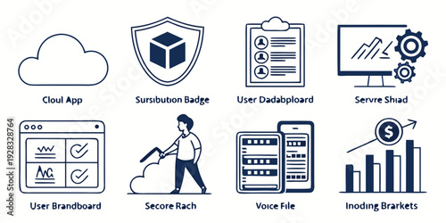 Diverse icons representing various aspects of technology and business. Vector