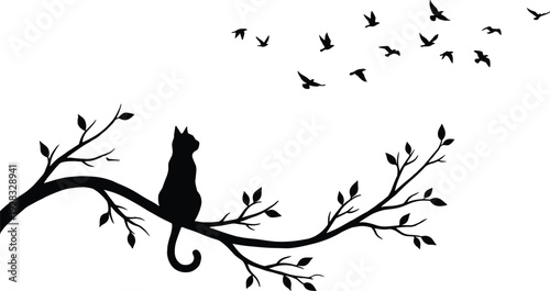 Cat on tree branch silhouette, black vector illustration with flying birds isolated on white background nature design