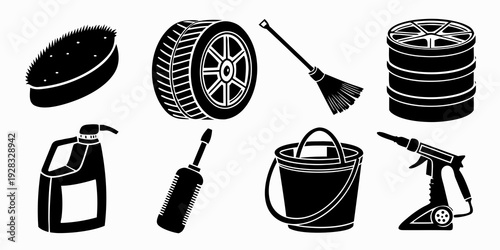 A collection of various car maintenance and cleaning tools and accessories. Vector