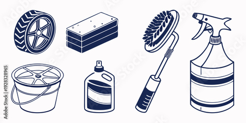 A variety of cleaning supplies arranged neatly on a white background Vector
