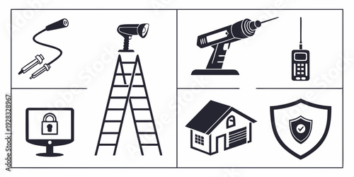 Illustrations of various tools and symbols representing construction, security, and technology. Vector