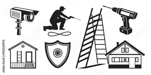 Illustrations of security measures including surveillance cameras and a secure home Vector