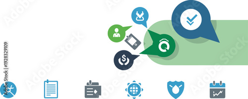 Modern business process and workflow management icons with analytics finance security global network and approval concepts flat design