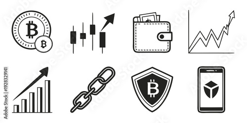 Illustrations of financial services, security, and investment growth. Vector