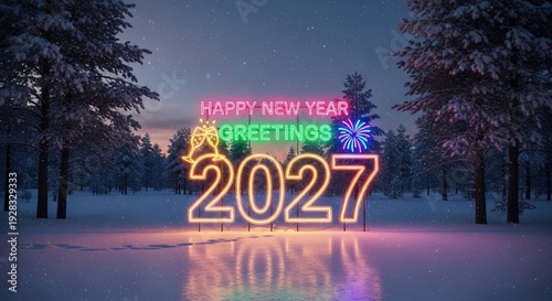 Festive neon display celebrates New Year's Eve in a serene winter landscape as the clock strikes midnight in 2027