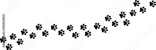 Dog paw prints trail silhouette, black animal footprints path isolated on white background vector illustration design set