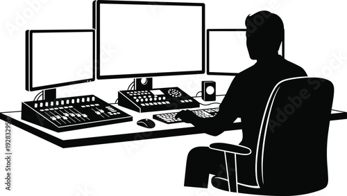 Audio engineer working at professional sound mixing console with multiple monitors in recording studio silhouette vector illustration production workspace