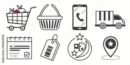A collection of icons representing various aspects of online shopping and delivery services Vector