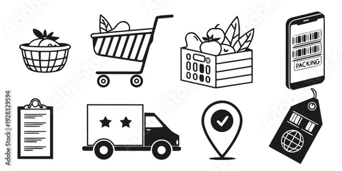 Various icons representing different aspects of online shopping and delivery services. Vector