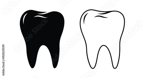 Two teeth illustrations one solid and one outlined a graphic silhouette