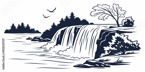Majestic waterfall cascading down a rocky cliff with lush greenery surrounding it Vector