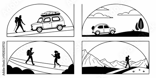 A series of illustrations depicting a journey through a mountainous landscape. Vector