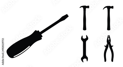 Tools arranged in a composition including a screwdriver silhouette