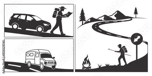 A series of unfortunate events involving a man, a car, and a slippery road Vector