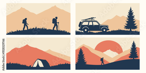 Adventurers and explorers traverse diverse landscapes in a vibrant illustration Vector