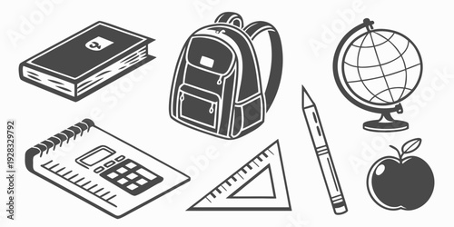 A collection of school supplies including a globe and a calculator. Vector