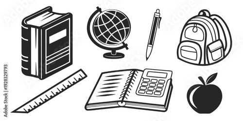 A collection of educational items including books, a globe, and an apple. Vector