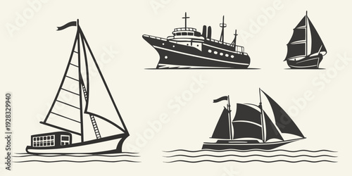 Four different types of boats sailing on a calm sea under a clear sky. Vector
