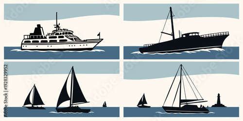 Diverse vessels navigating through calm blue waters under clear skies Vector