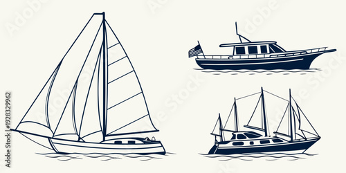 Three different types of boats sailing on a body of water Vector