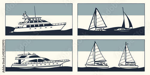 Four different types of boats sailing on a calm sea under a clear sky. Vector