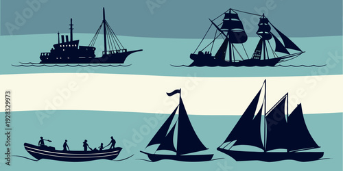 A collection of various types of ships and boats sailing on the ocean. Vector