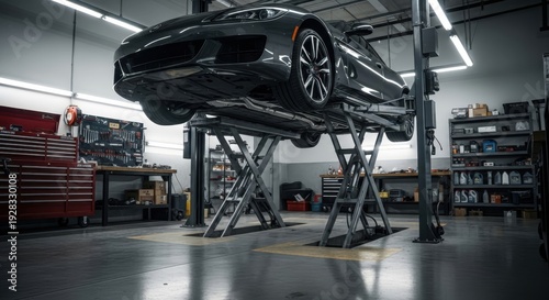 Car maintenance in an auto repair shop during a busy afternoon with tools and equipment ready for use
