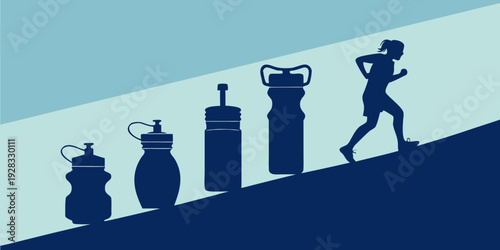 Runner carrying different sized water bottles on a gradient background Vector