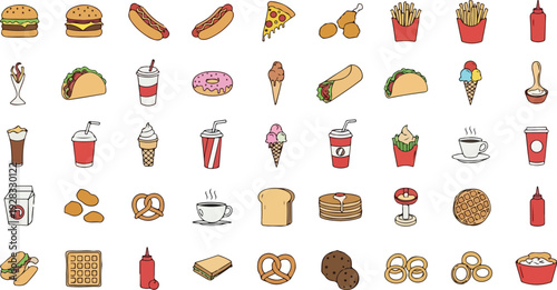 Drawn Collection of Fast Food and Snack Icons: Burgers, Hot Dogs, Pizza, Fries, Tacos, Ice Cream, Coffee and More