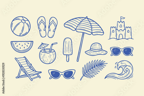 summer doodle set of beach and vacation icons