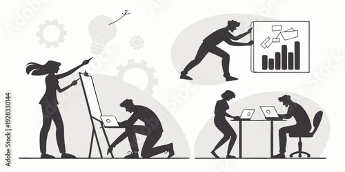 Illustration of people working together on a project with various tools and data Vector