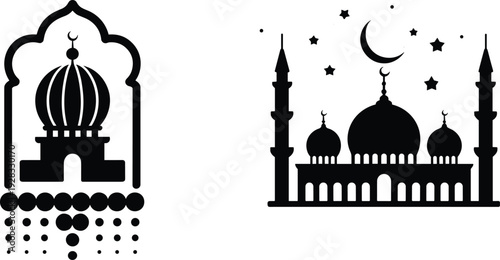 Islamic mosque silhouette set, black and white vector illustration with crescent moon stars and traditional Ramadan architecture design