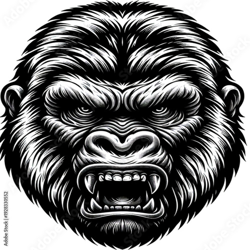 Black and white hand drawn vector illustration of a Gorila head with detailed fur and fierce eyes