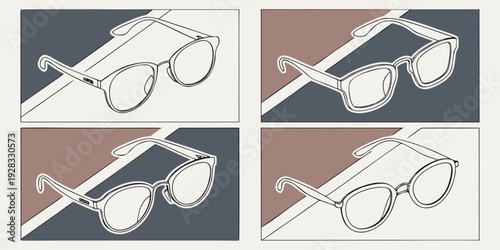 A collage of four images showcasing different types of glasses and sunglasses. Vector