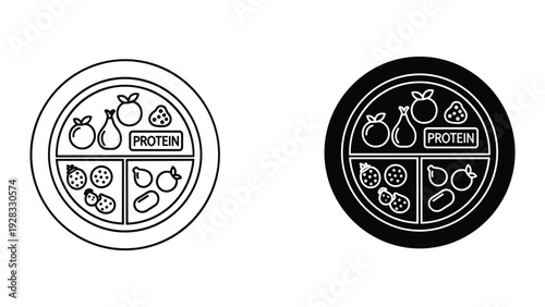 Healthy Eating Plate Icon with Food Groups - Protein, Fruits, Vegetables, Grains