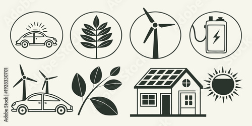 Icons representing sustainable energy sources and environmental conservation efforts Vector