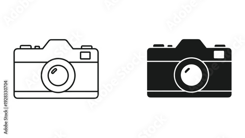 Retro Camera Icon Set: Outline and Solid Fill