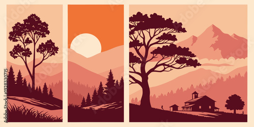 A serene sunset over a tranquil forest with tall trees and a peaceful atmosphere Vector