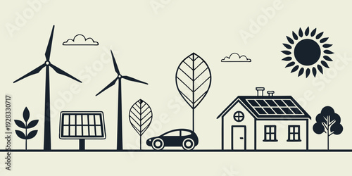 Illustration of renewable energy sources and sustainable living elements Vector