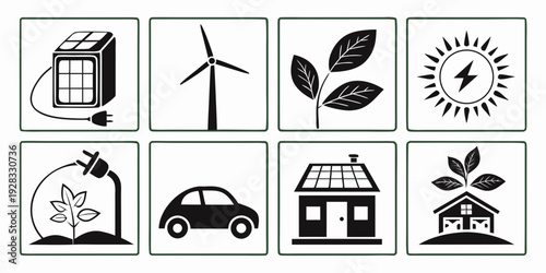 A collection of icons representing sustainable energy sources and eco-friendly practices. Vector