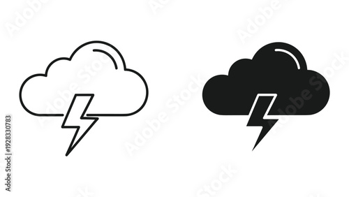 Cloud and lightning bolt icons, outline and solid silhouette